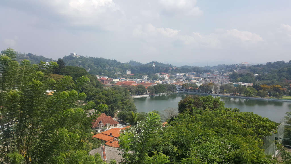 Panoramic view of Kandy, Sri Lanka, from a high vantage point, likely a hill overlooking the city. There are no people visible. The main objects are: A large, tranquil lake occupies a central portion of the mid ground, its calm, dark green-grey water reflecting the surrounding sky and buildings. The city of Kandy is densely packed with buildings, mostly low-rise structures with reddish-brown tile roofs, suggesting traditional Sri Lankan architecture. These buildings extend across the mid ground and into the background, nestled amidst lush greenery.  A few taller, modern buildings are interspersed among the low-rise structures, indicating a mix of old and new construction. The foreground is dominated by a vibrant mass of green foliage, a profusion of tropical trees and plants. The hillside slopes gently down towards the lake. The hills continue into the background, providing a backdrop to the city.