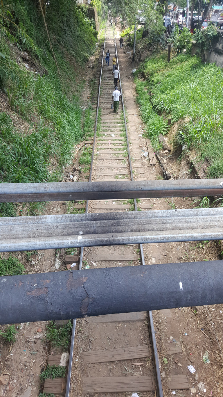 Disused, overgrown train tracks ascending a gentle incline. Several individuals are visible walking along these tracks, appearing as small figures from a high vantage point. They are dressed in simple, everyday clothing, predominantly dark hues, and seem to be casually strolling uphill. Their actions and postures suggest a relaxed pace, lacking any urgency. The tracks themselves are composed of aged, weathered wooden sleepers, the gaps between showing patches of brown earth and scattered debris. Overlying the tracks are three parallel dark gray-metallic horizontal pipes or beams, appearing sturdy and possibly part of a bridge structure that the viewer is seemingly on.  environment is lush, with dense vegetation, primarily tall grass, lining the sides of the tracks. The background shows a continuation of this greenery, with hints of trees and buildings in the distance, suggesting an urban fringe or a less developed residential area. The overall colour palette is muted: greens from the vegetation, earthy browns from the soil and wood, and dark grays and blacks from the pipes and figures. The lighting appears to be natural daylight, relatively soft and diffused, indicating possibly an overcast sky or shade from the foliage.