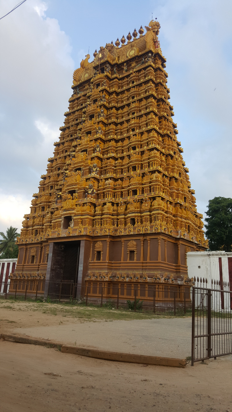 Towering, intricately carved Gopuram (temple tower) of a South Indian temple. The Gopuram is multi-storied, appearing to be at least seven stories high, and is richly adorned with gold-coloured ornamentation. Countless small, detailed sculptures and decorative elements cover its entire surface, creating a dense, layered effect. The carvings depict various figures, likely deities, mythical creatures, and floral motifs. The base of the Gopuram is a darker brown, contrasting with the gilded upper sections.  A dark brown, heavy wooden door is visible at the base of the Gopuram. A dark brown or black metal fence surrounds the base of the temple, and a section of a low, concrete curb or barrier is in the foreground. No people are visible in the image.