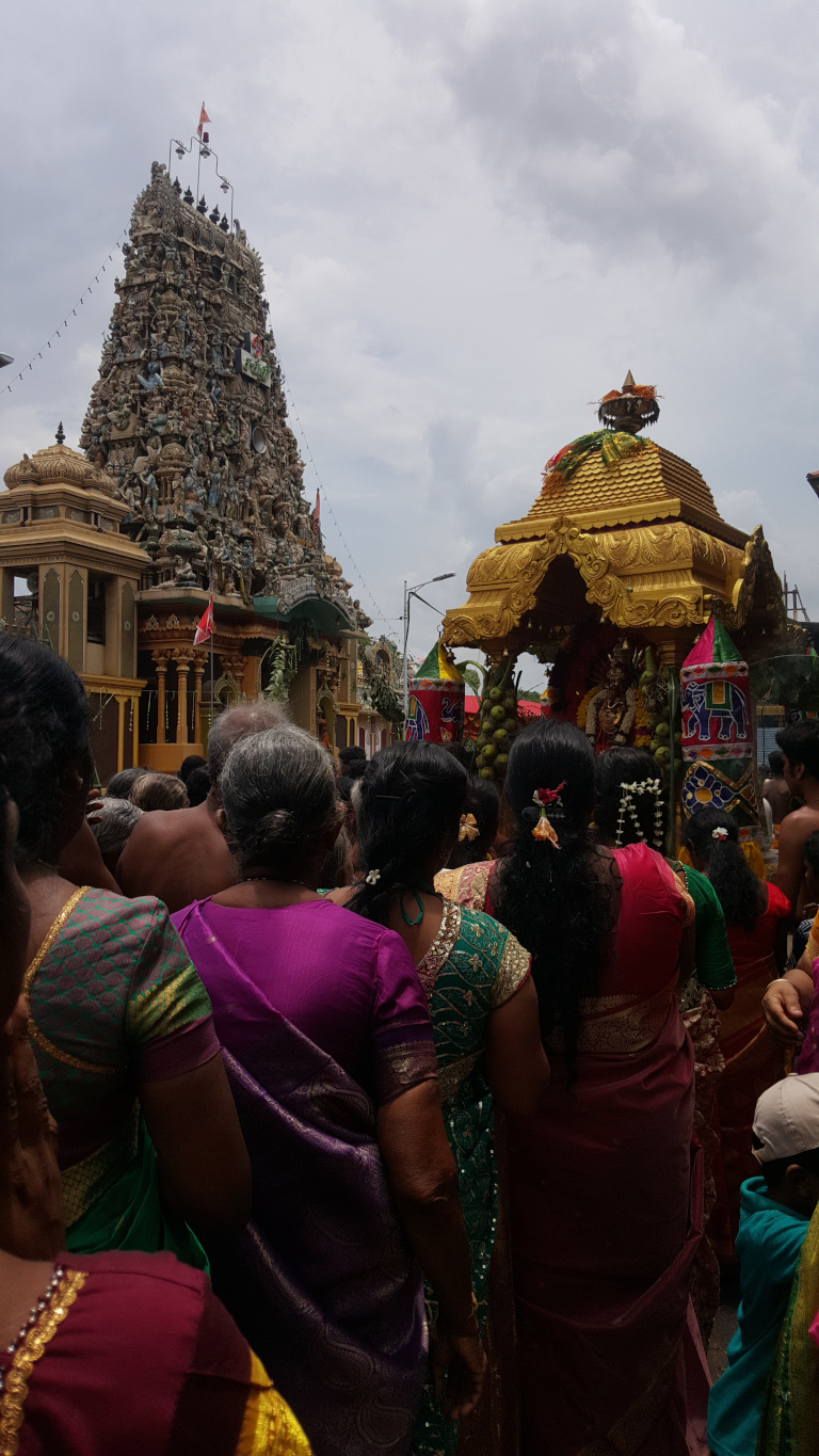 Crowd of people, predominantly women dressed in vibrant South Asian saris of deep purples, greens, and maroons, many richly embellished with gold thread. Their backs are to the camera, creating a tapestry of textiles and subtly varied skin tones. They are densely packed, suggesting a festival or procession. Their body language shows attentiveness, with many looking toward a golden chariot (or float) in the mid-ground. A few men are visible, mostly at the edges of the crowd, some bare-chested. In the foreground, only partial views of some individuals are visible. A child, partially obscured, wears a teal shirt and is towards the bottom right. The golden chariot is ornately carved and adorned with garlands and decorative fabric elements. It appears to carry a religious figure or idol. The chariot is positioned slightly to the right, while to the left stands a tall, intricately sculpted temple tower (gopuram), heavily embellished with statues and carvings of various figures and animals, primarily in shades of grey and beige.