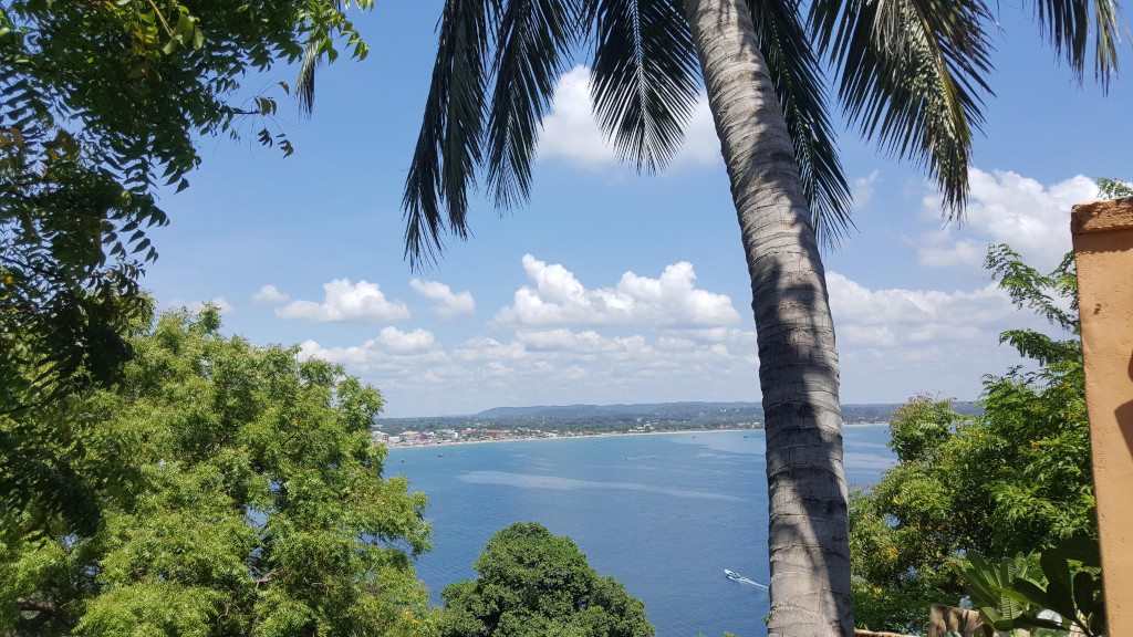 Majestic coconut palm tree, its trunk thick and textured, leaning slightly to the right. Its fronds, a rich, dark green, arch gracefully towards the viewer and extend across the upper half of the frame, partially obscuring the sky. There are no people visible. In the distance, a coastal town or village is nestled along a calm bay, appearing small and peaceful. A single tiny boat can be seen on the water. Lush green foliage frames the scene on the left, right, and bottom, suggesting a hillside location. A fragment of a tan or orange wall is visible in the bottom right corner, likely part of a building or structure. The scene is a breathtaking coastal vista on a sunny day. The sky is a vibrant azure blue, punctuated by fluffy white cumulus clouds, distributed across the upper and middle portions of the frame, creating a contrast with the deeper blue of the sea. The water of the bay is a deep teal, calming and reflective, indicating a tranquil atmosphere. The vegetation is abundant and vibrant. The greens range from the deep, saturated greens of the palm and hillside foliage to the lighter, softer greens of the trees in the middle ground.