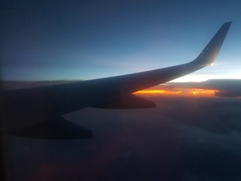 Portion of an airplane's wing, specifically the trailing edge and a section of the flap, sharply silhouetted against a vibrant sunset. The wing dominates the left side of the frame, angled slightly upward and away from the viewer. The wing is dark, almost black, with subtle variations in tone that hint at its three-dimensional form. There are no people visible. The wing appears to be in motion, carrying the plane through the air.